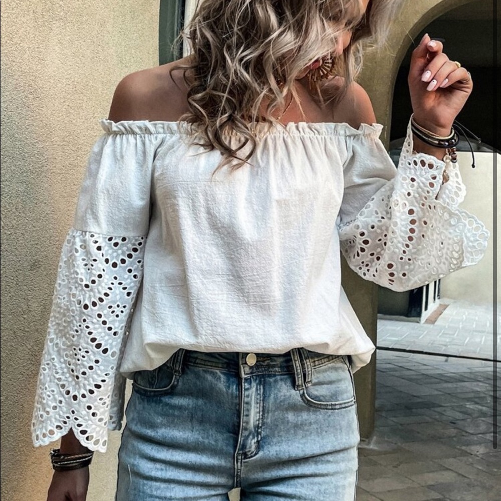 Boho Off Shoulder Eyelet Embroidery Frill Top Blouse White - Picture 1 of 15